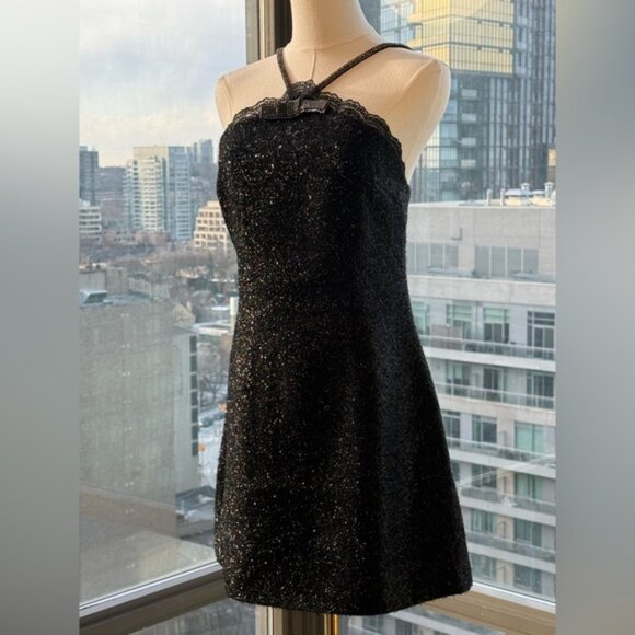 🆕 SELF-PORTRAIT 🧿 NWOT Black Tinsel Boucle Halter Mini Dress, Sz UK 12 US 8 - Picture 7 of 16